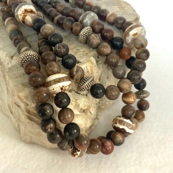 Sterling Silver 925 Tiered Brown Jasper Agate Layered 3 Strand Beaded Necklace - Picture 7 of 16